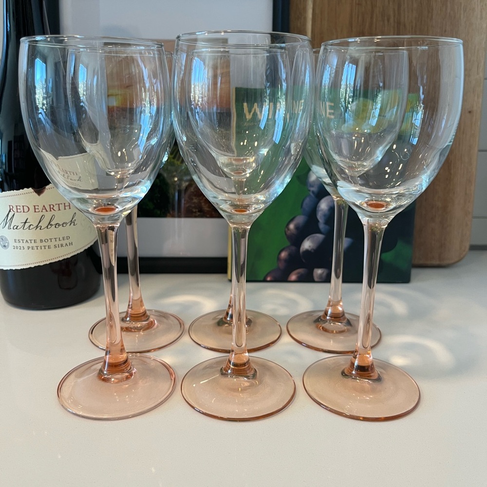 Set of 6 vintage Luminarc pink stem wine glasses, 7.75” tall, mid-century modern - Picture 2 of 5